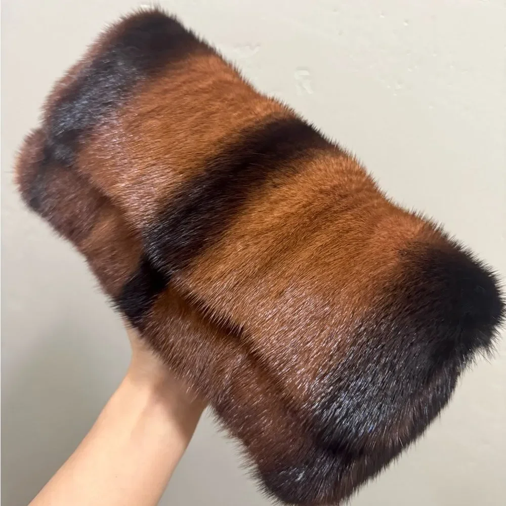 Brown Gradient Real Mink Fur Handmade Baguette Shoulder Bag, Multi Use Style
